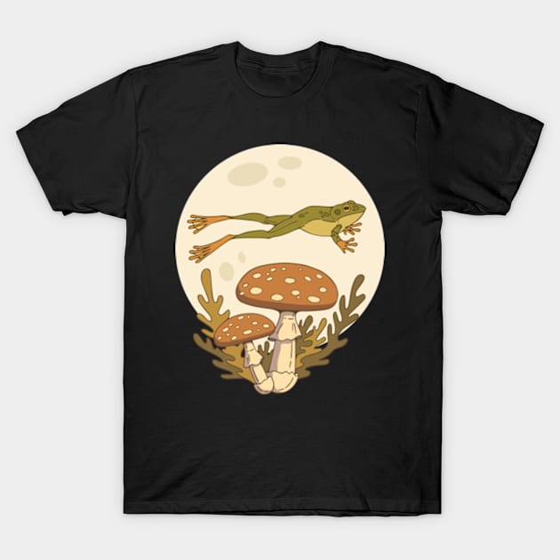 Frog jumping in front of a full moon T-Shirt by Vaigerika